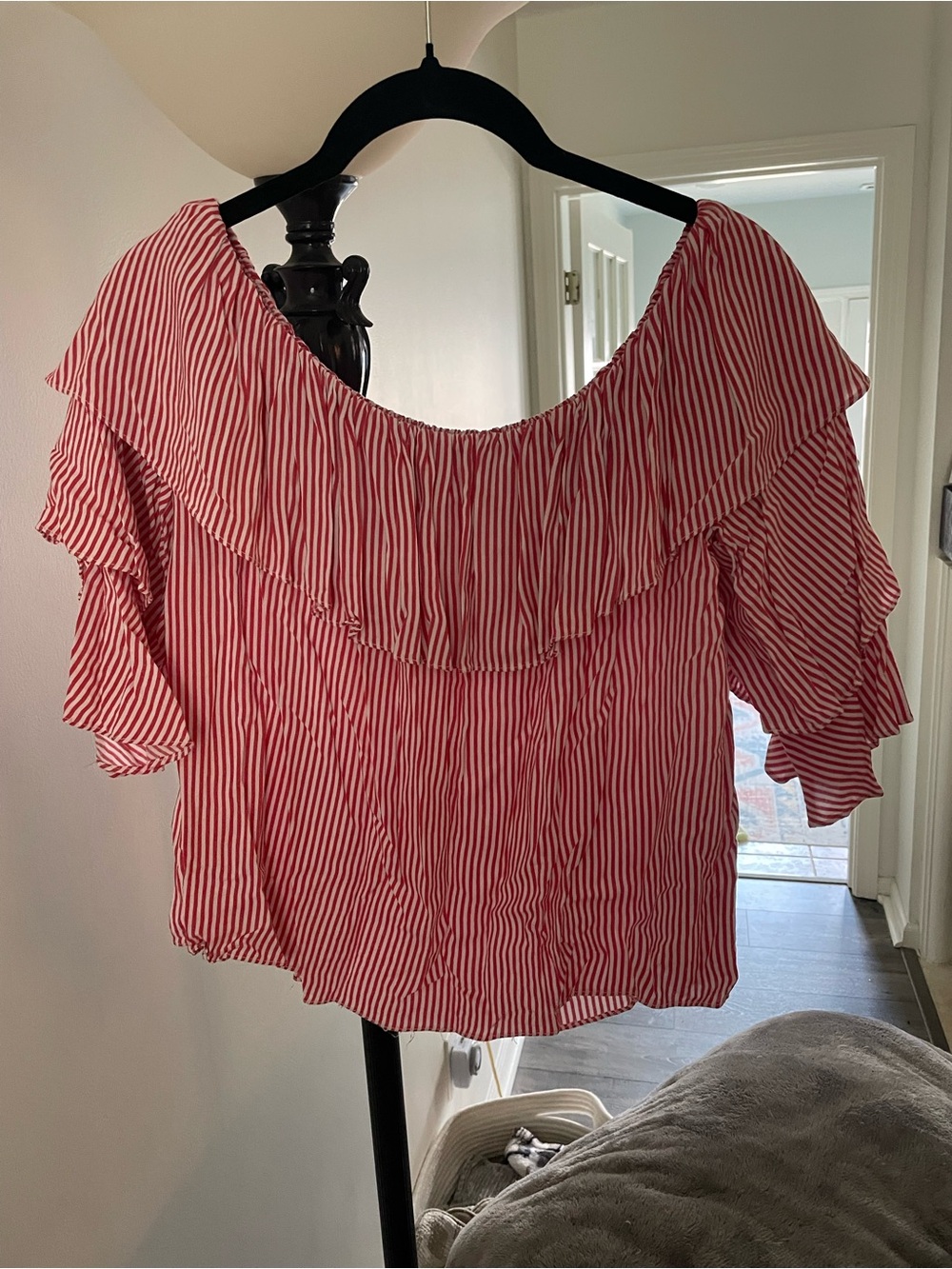 Soprano Red and White Striped Off-Shoulder Ruffle Top